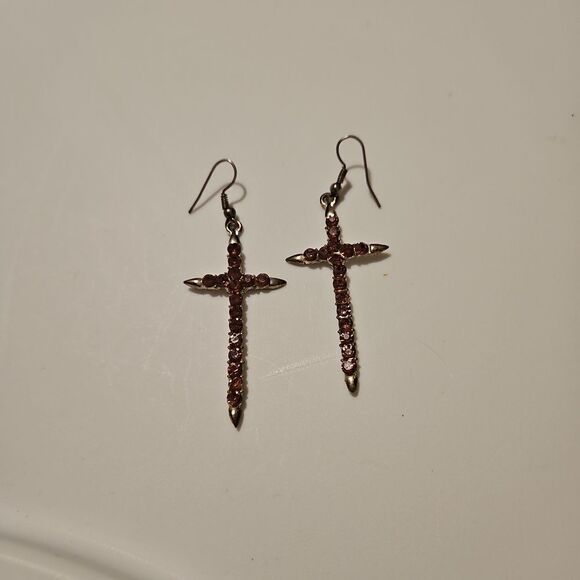 Pink Rhinetone Cross Earrings  see measurements - Picture 3 of 3